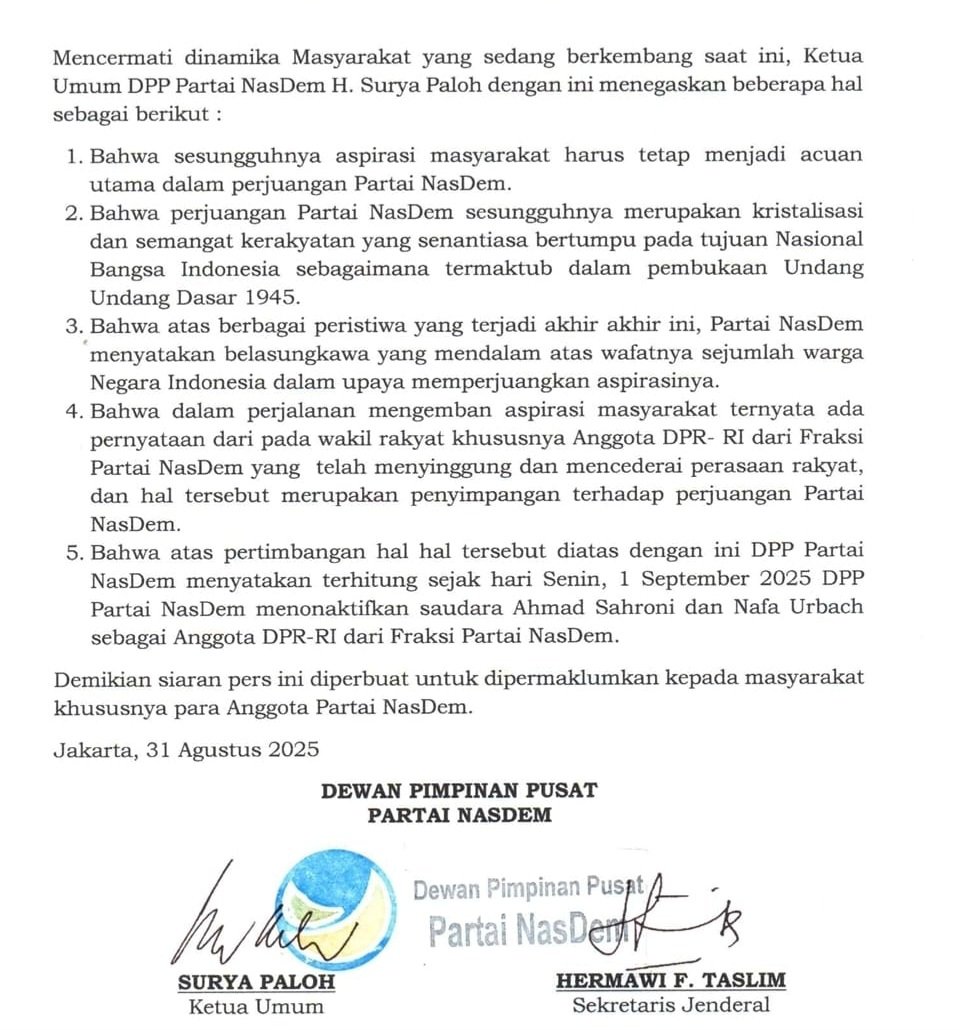 Surya Paloh Nonaktifkan Ahmad Sahroni dari DPR RI